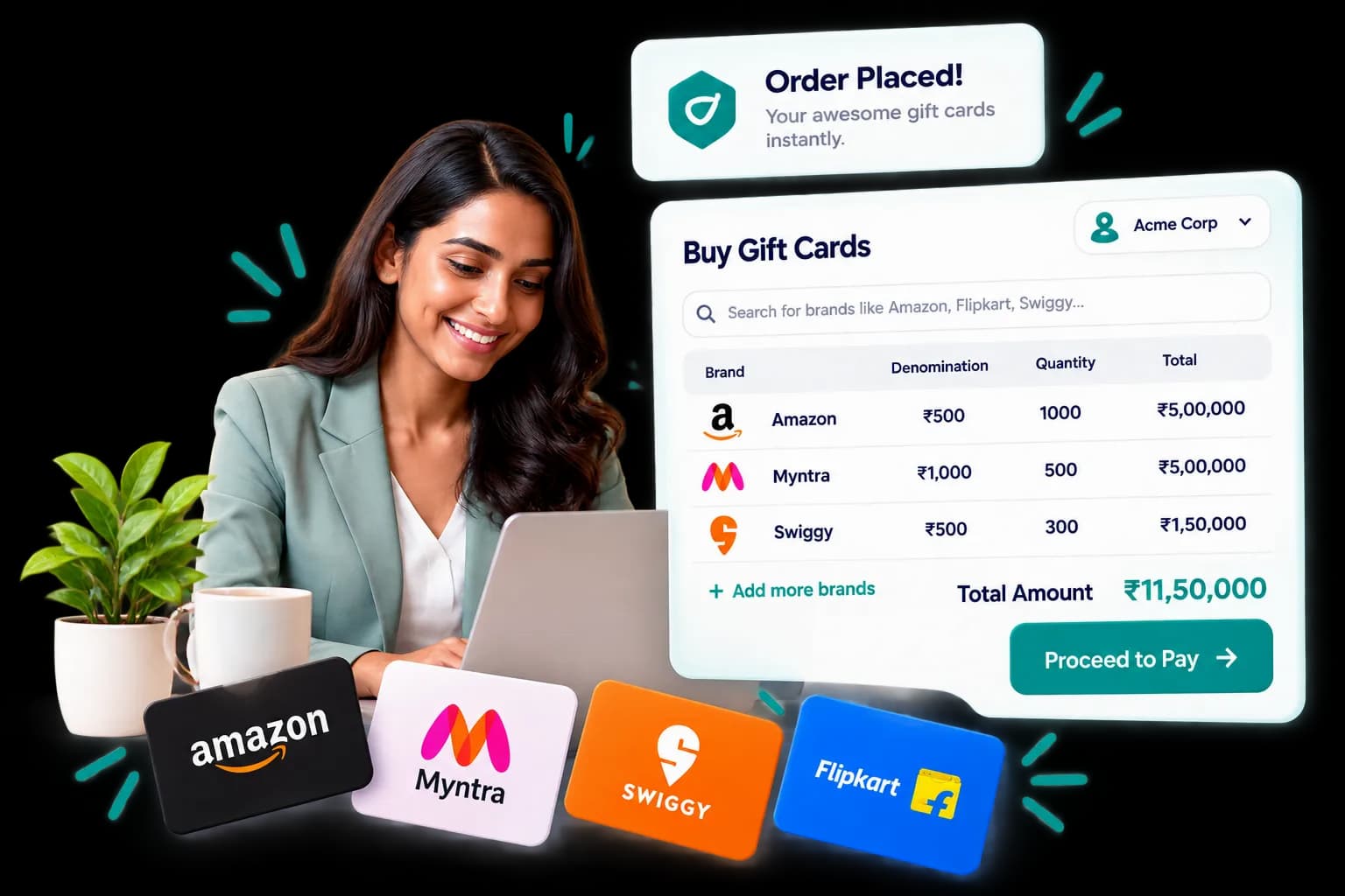 Smiling professional ordering bulk Amazon, Myntra and Swiggy gift cards on a corporate dashboard