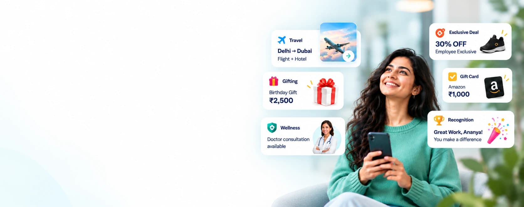 Happy employee enjoying travel, gifting, wellness and reward benefits on Benefitwise