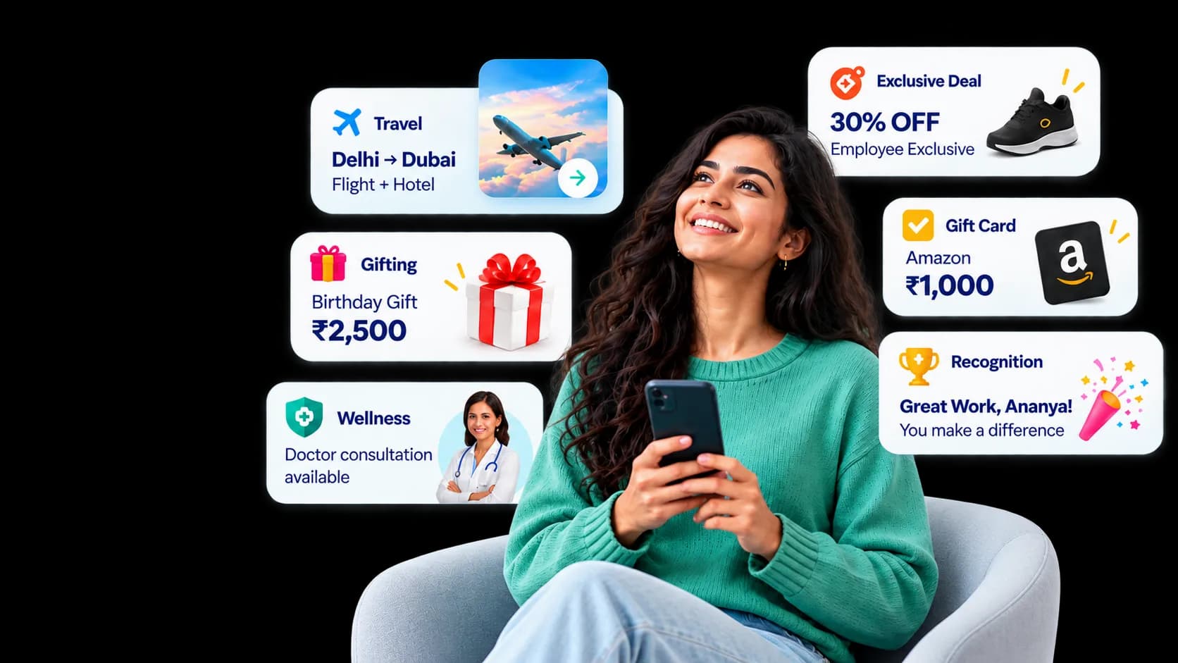 Happy employee enjoying travel, gifting, wellness and reward benefits on Benefitwise