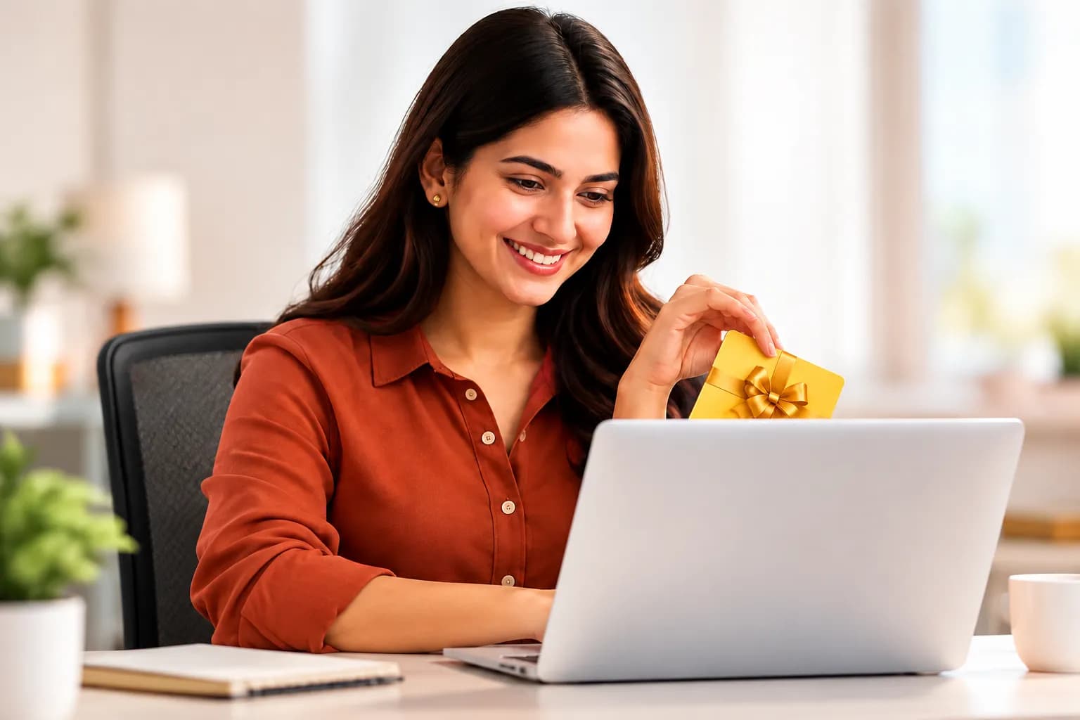 Employee happily redeeming a gift card reward