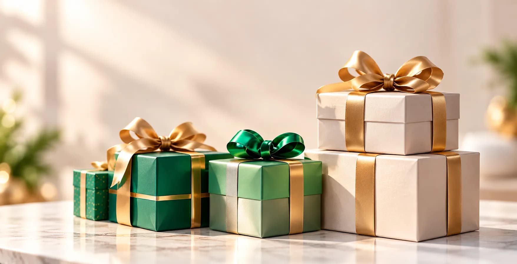 Wrapped corporate gift boxes with gold ribbons